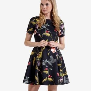 Ted Baker Dress Moven Floral Skater Fit And Flare Botanical Black Size 1